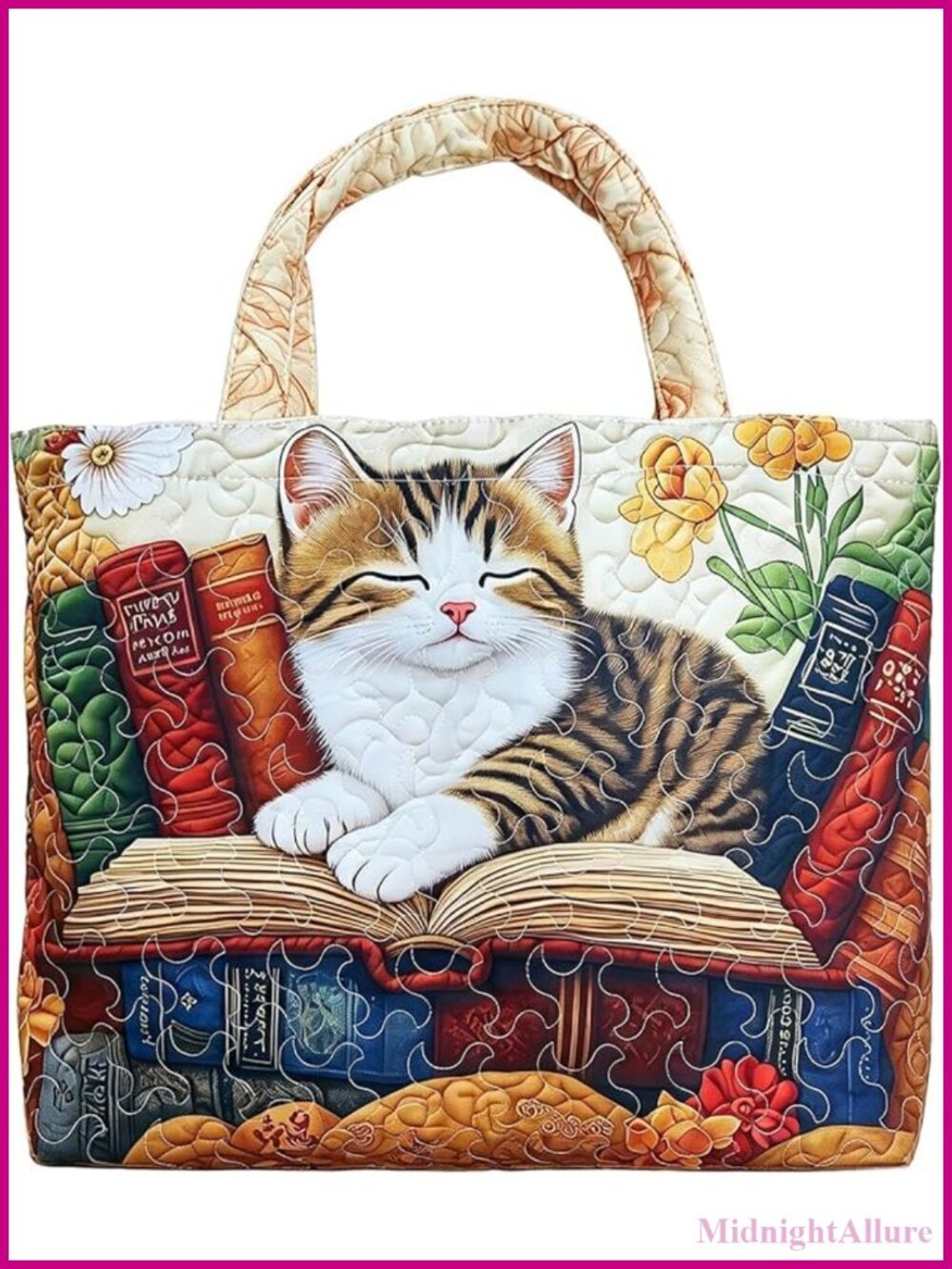 Quilted Cat Print Tote Bag Large Lightweight Shoulder Purse